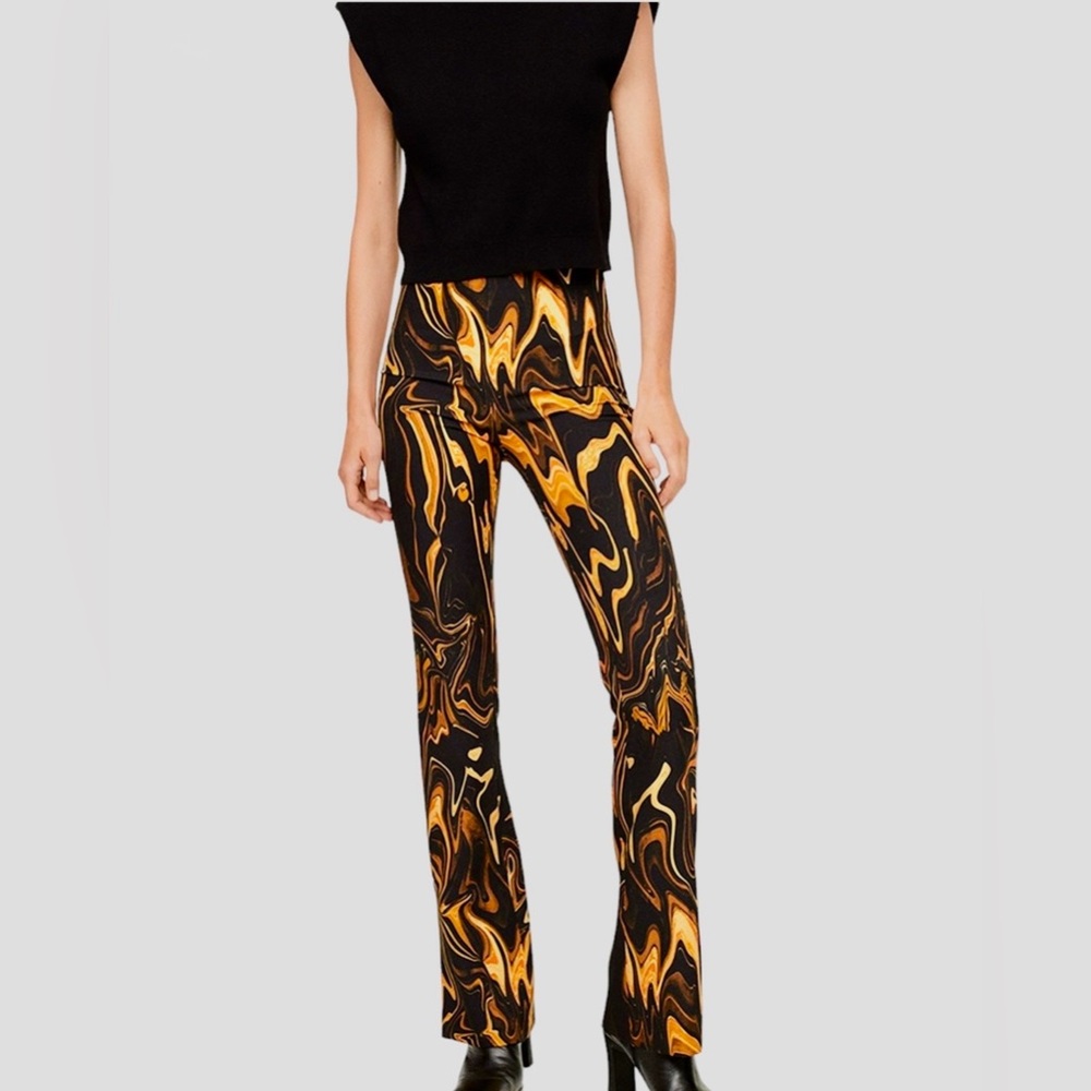 MNG Mango Miro Trousers Black and Gold Swirl Flared Wide Leg High Waist Pants Sm